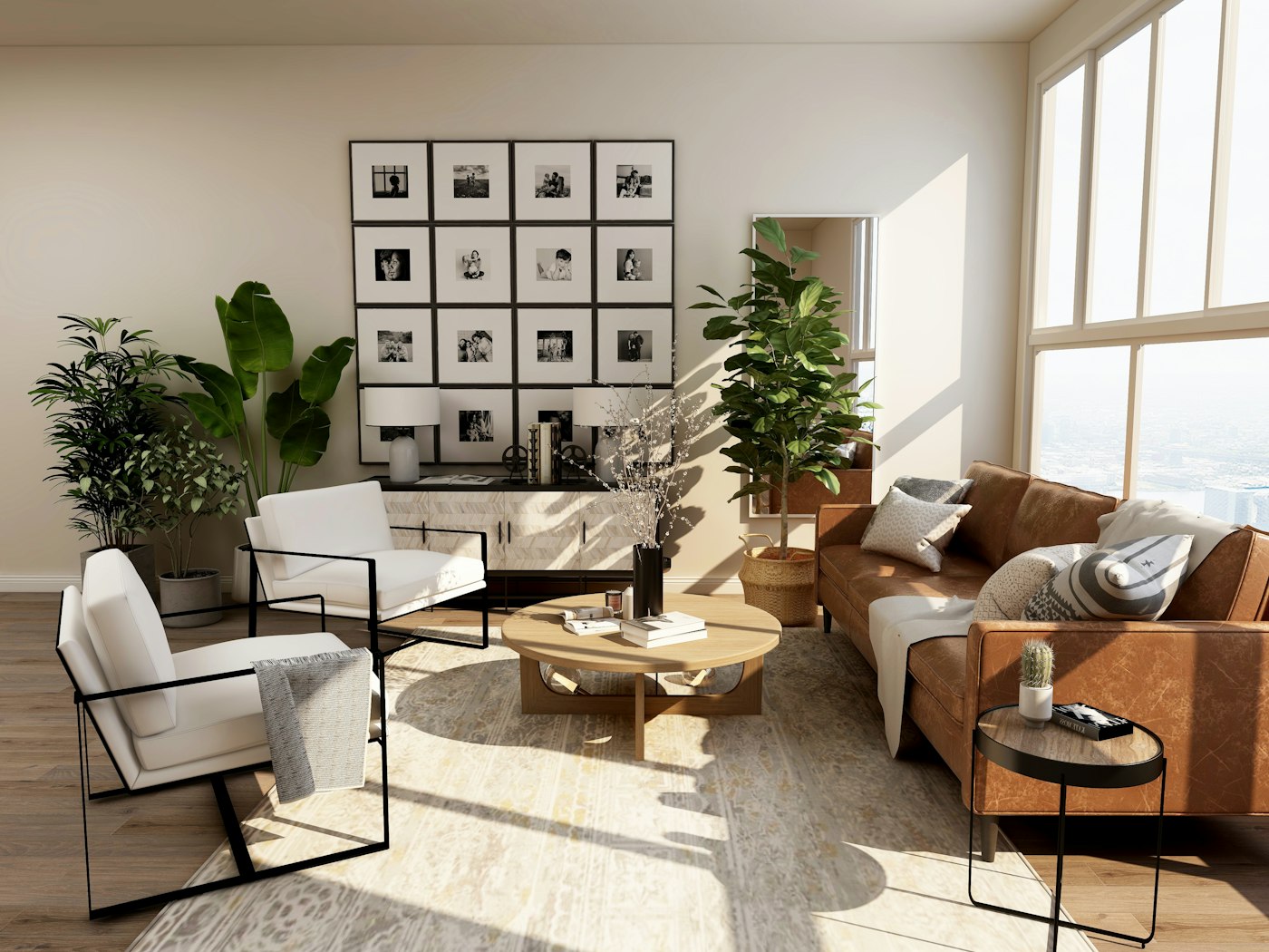 Bright, well-kept living room with natural light